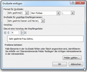 Fenster Grußzeile einfügen