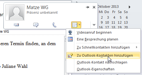 Wie man in Outlook 2010 Kontakte aus dem CC zum Adressbuch hinzufügt